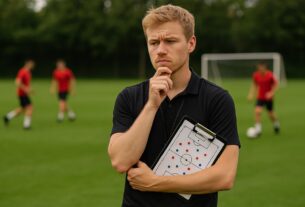 En ung, nyopstartet fodboldtr&aelig;ner st&aring;r med en clipboard p&aring; banen og planl&aelig;gger &oslash;velser til sit hold