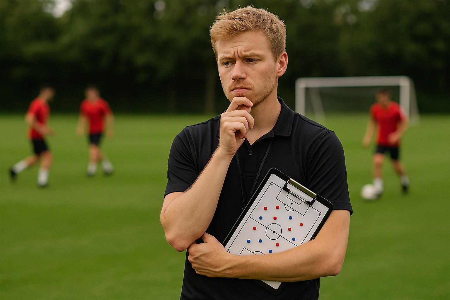 En ung, nyopstartet fodboldtræner står med en clipboard på banen og planlægger øvelser til sit hold