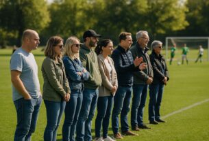 For&aelig;ldre og tilskuere f&oslash;lger intenst med i en fodboldkamp fra sidelinjen