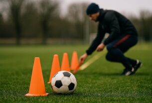 Træningskegler og en fodbold på en græsplæne under opvarmningen til en fodboldkamp.