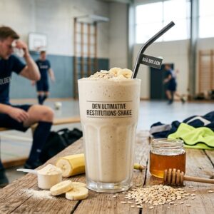 En cremet og frisk performance-restitutions-shake med banan, havregryn og proteinpulver på et rustikt træbord i en sportshal efter træning, klar til at genopbygge kroppen hos en holdsportsudøver.
