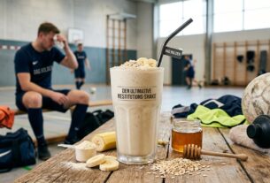 En cremet og frisk performance-restitutions-shake med banan, havregryn og proteinpulver på et rustikt træbord i en sportshal efter træning, klar til at genopbygge kroppen hos en holdsportsudøver.